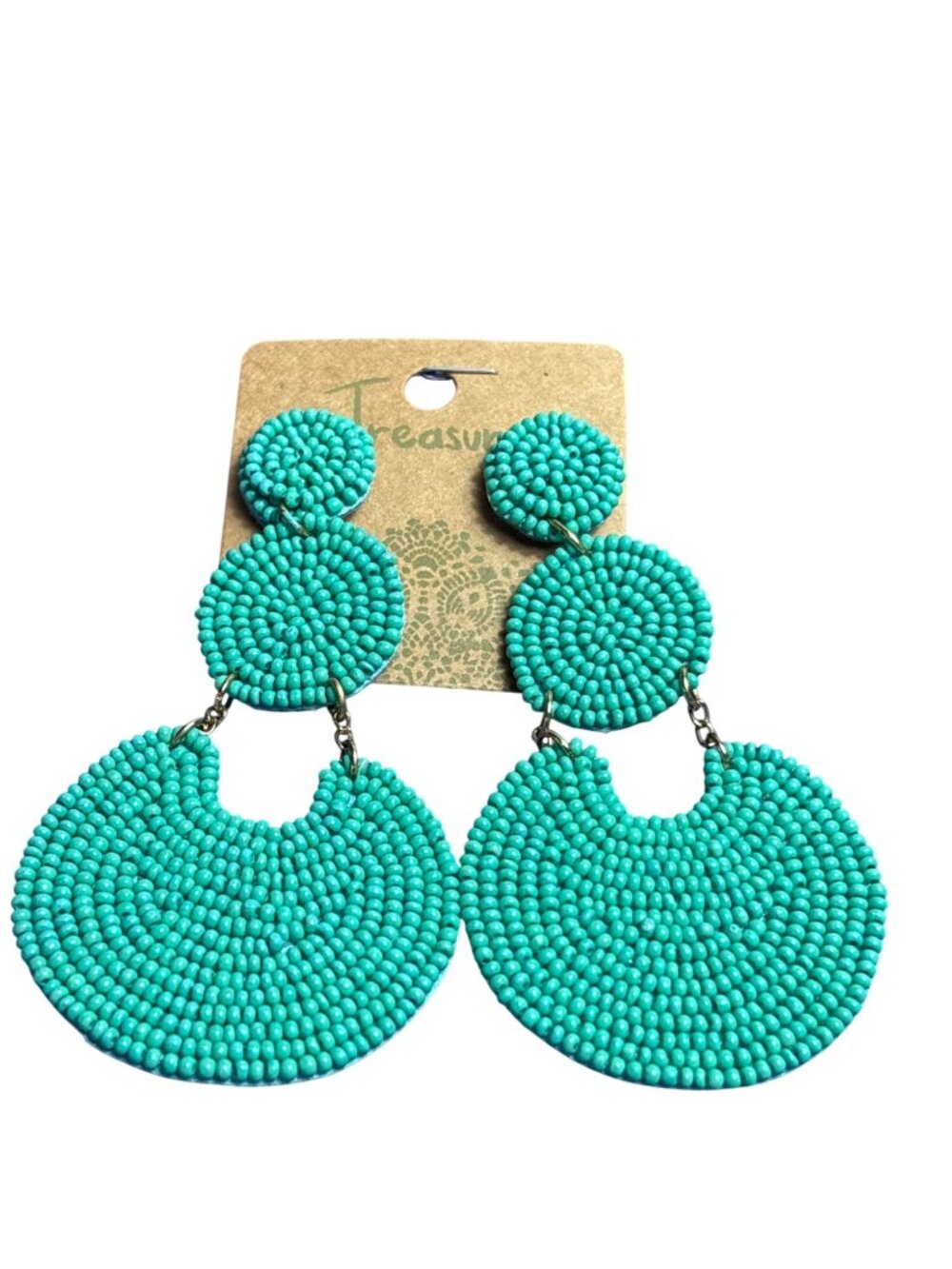 Treasure Green Seed Bead Circles Dangle Earrings Felt Back 3.5 inches New